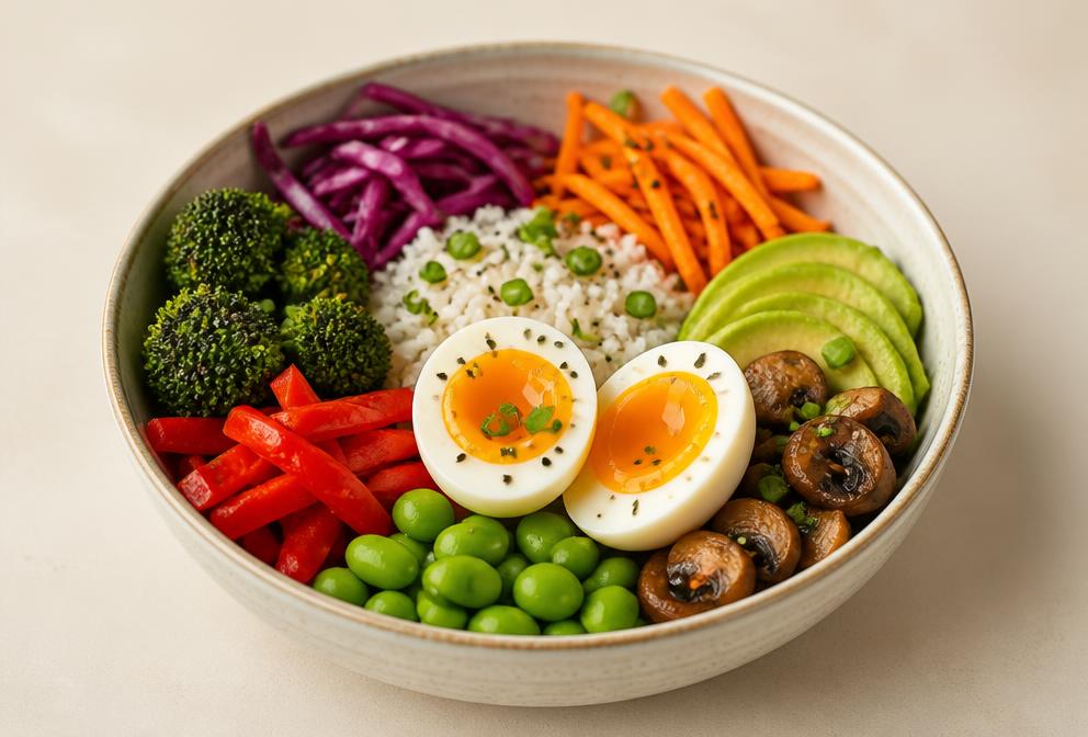 Bowl de riz, légumes et œuf mollet