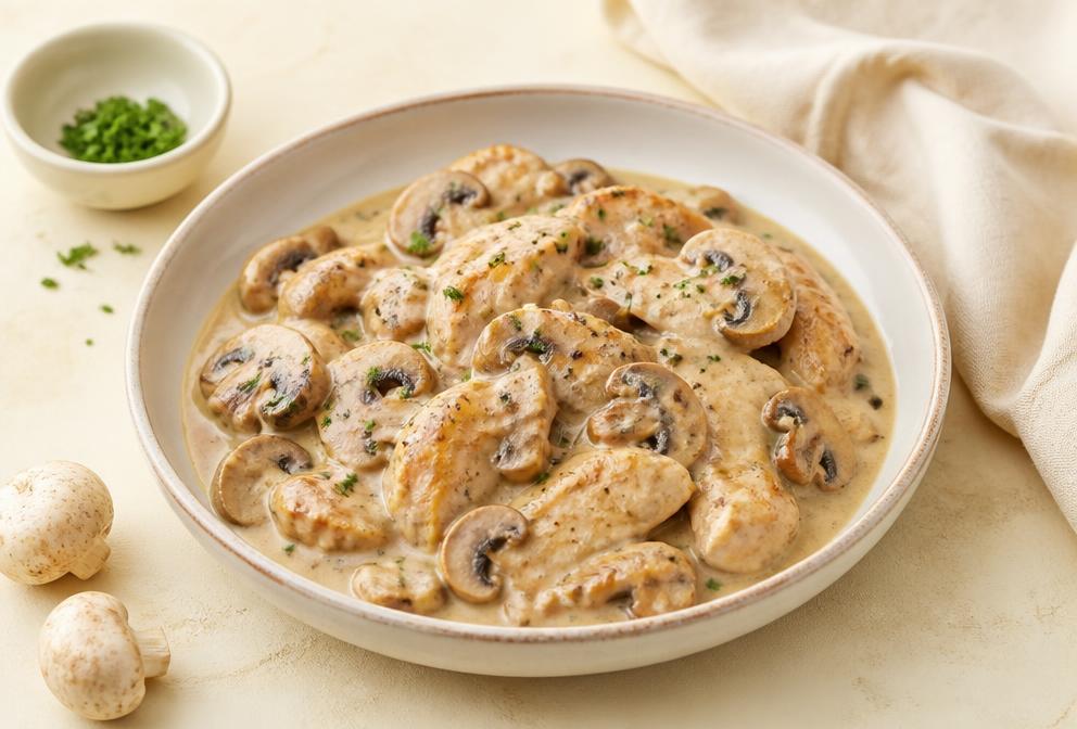 Émincé de poulet à la crème et aux champignons